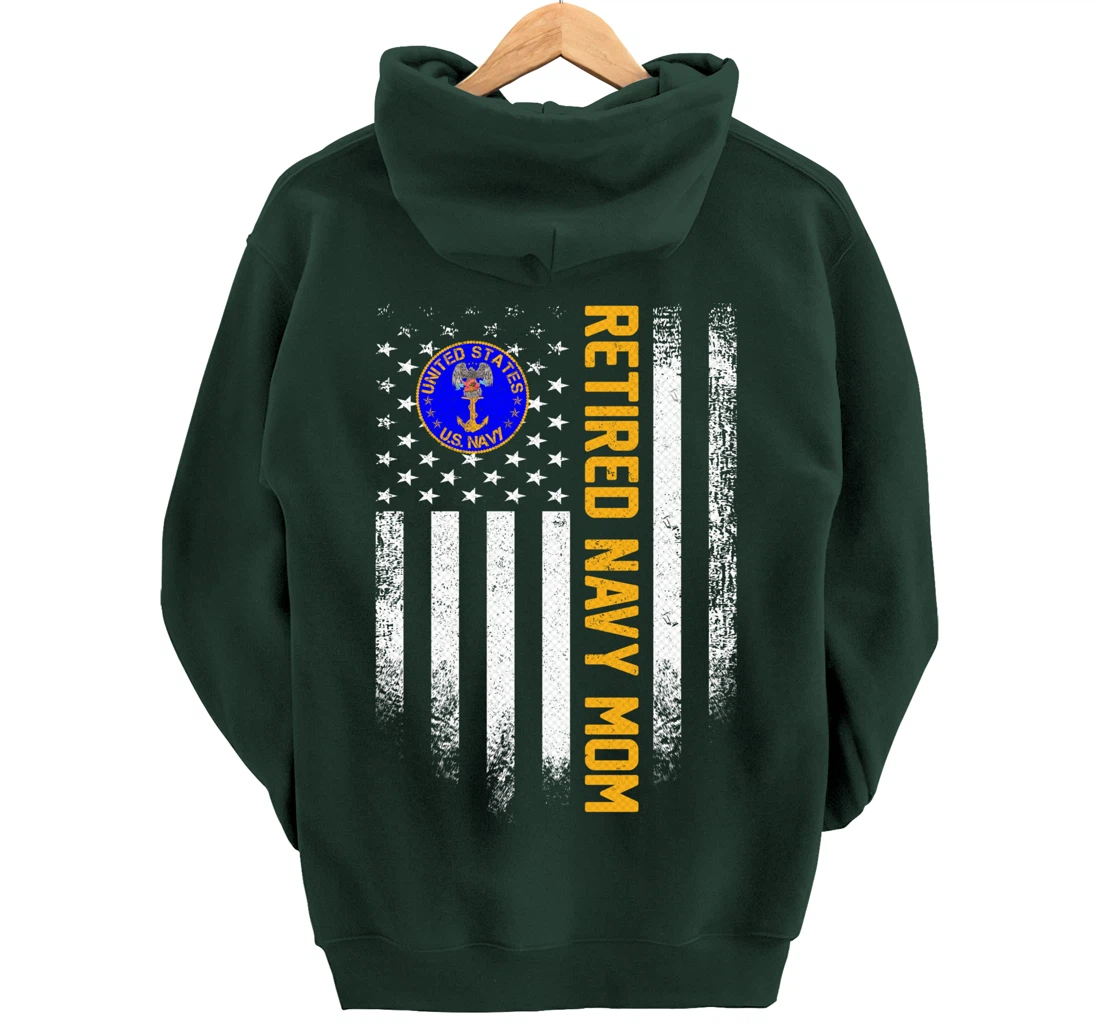 Vintage USA American Flag Retired US Navy Veteran Mom Funny Pullover Hoodie