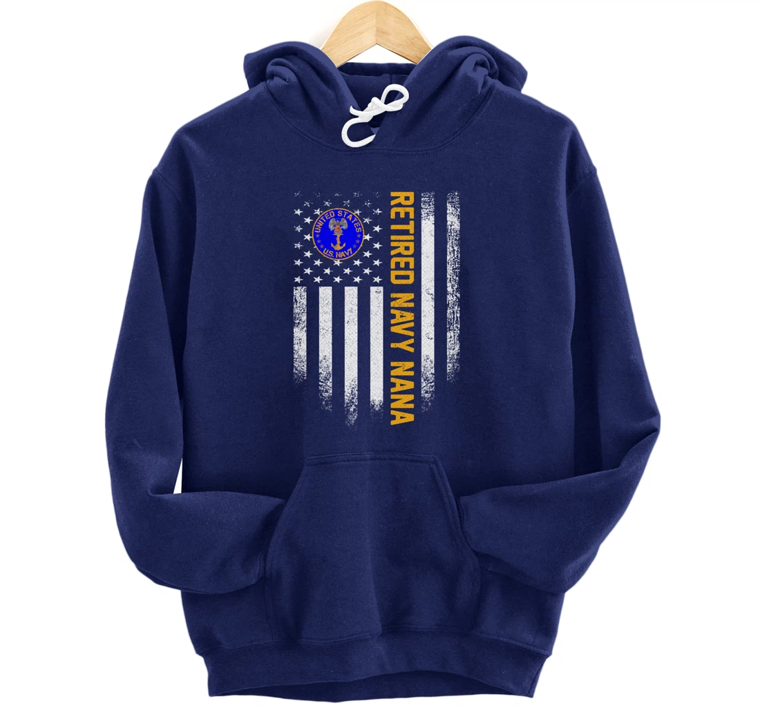 Vintage USA American Flag Retired US Navy Veteran Nana Funny Pullover Hoodie