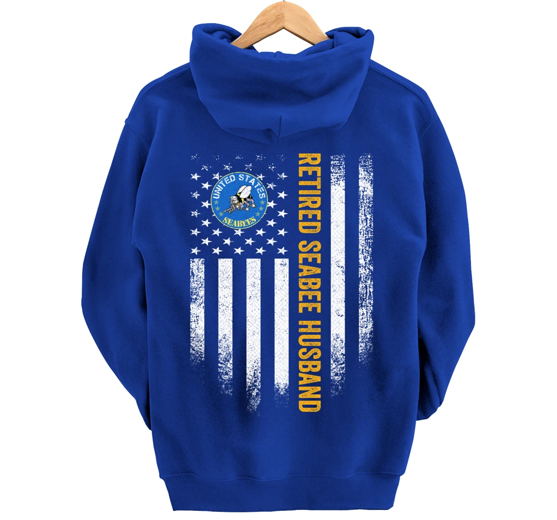 Vintage American Flag Retired US Navy Seabee Veteran Husband Pullover Hoodie