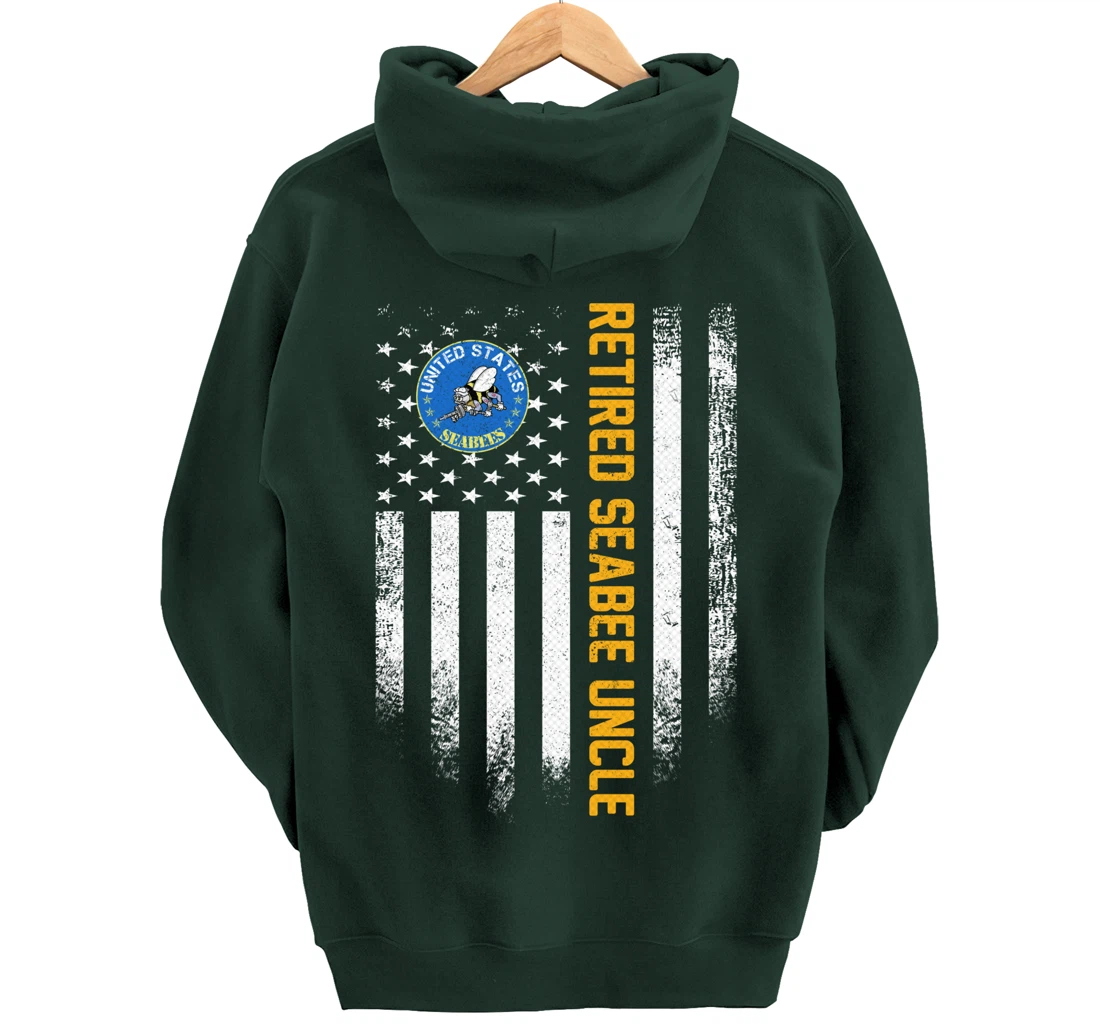 Vintage USA American Flag Retired Navy Seabee Veteran Uncle Pullover Hoodie