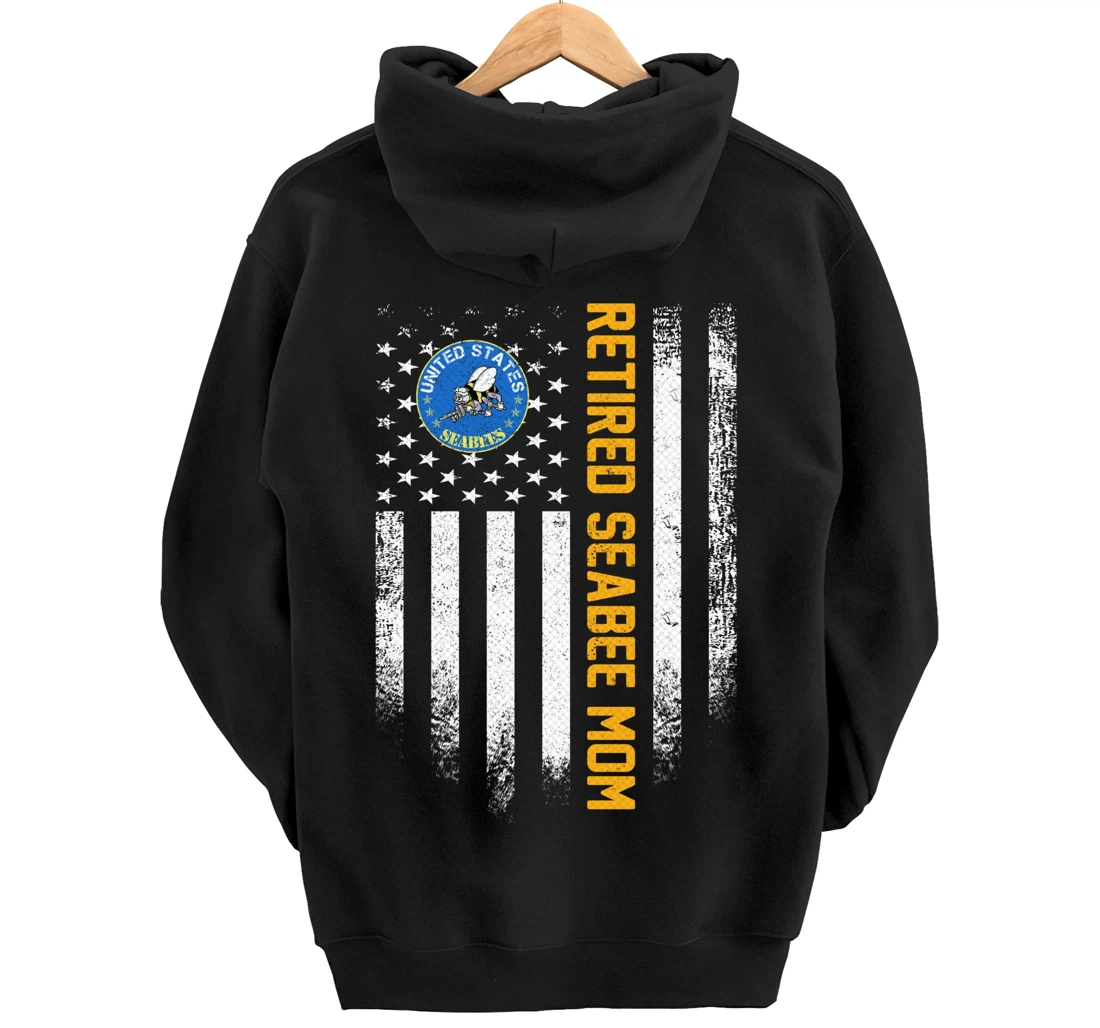 Vintage USA American Flag Retired US Navy Seabee Veteran Mom Pullover Hoodie