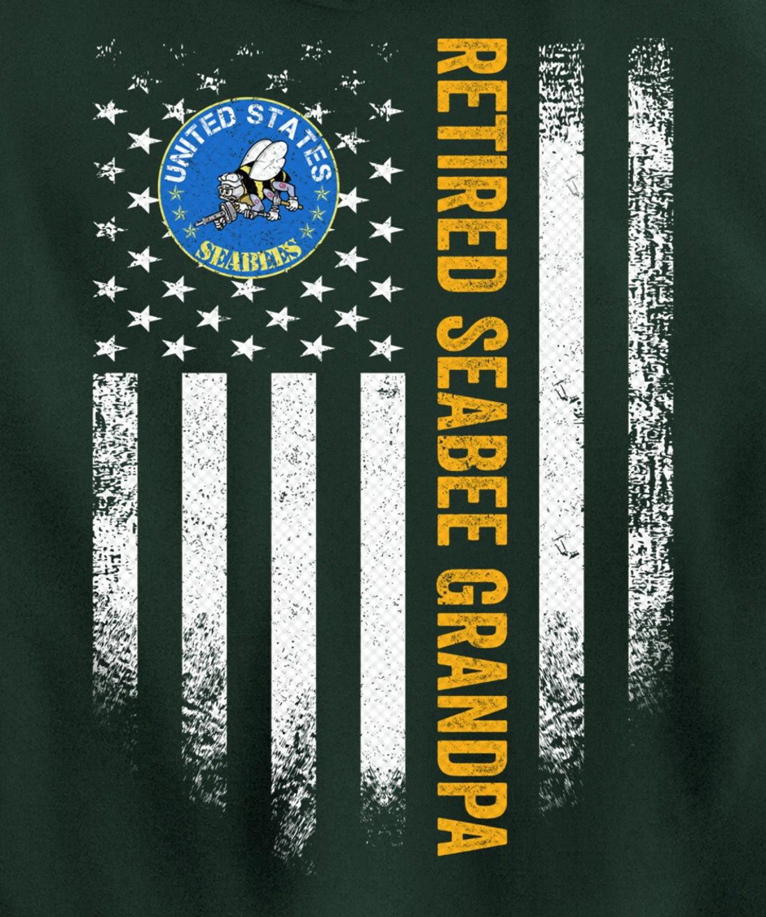 Vintage American Flag Retired US Navy Seabee Veteran Grandpa Pullover Hoodie