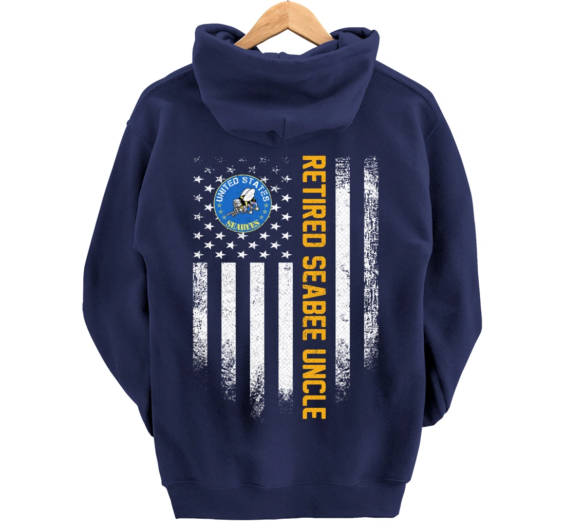 Vintage USA American Flag Retired Navy Seabee Veteran Uncle Pullover Hoodie