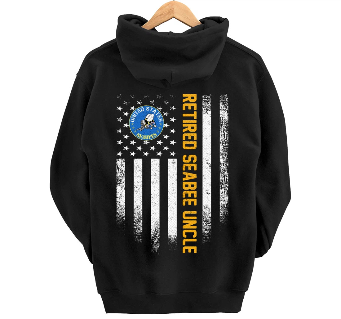 Vintage USA American Flag Retired Navy Seabee Veteran Uncle Pullover Hoodie