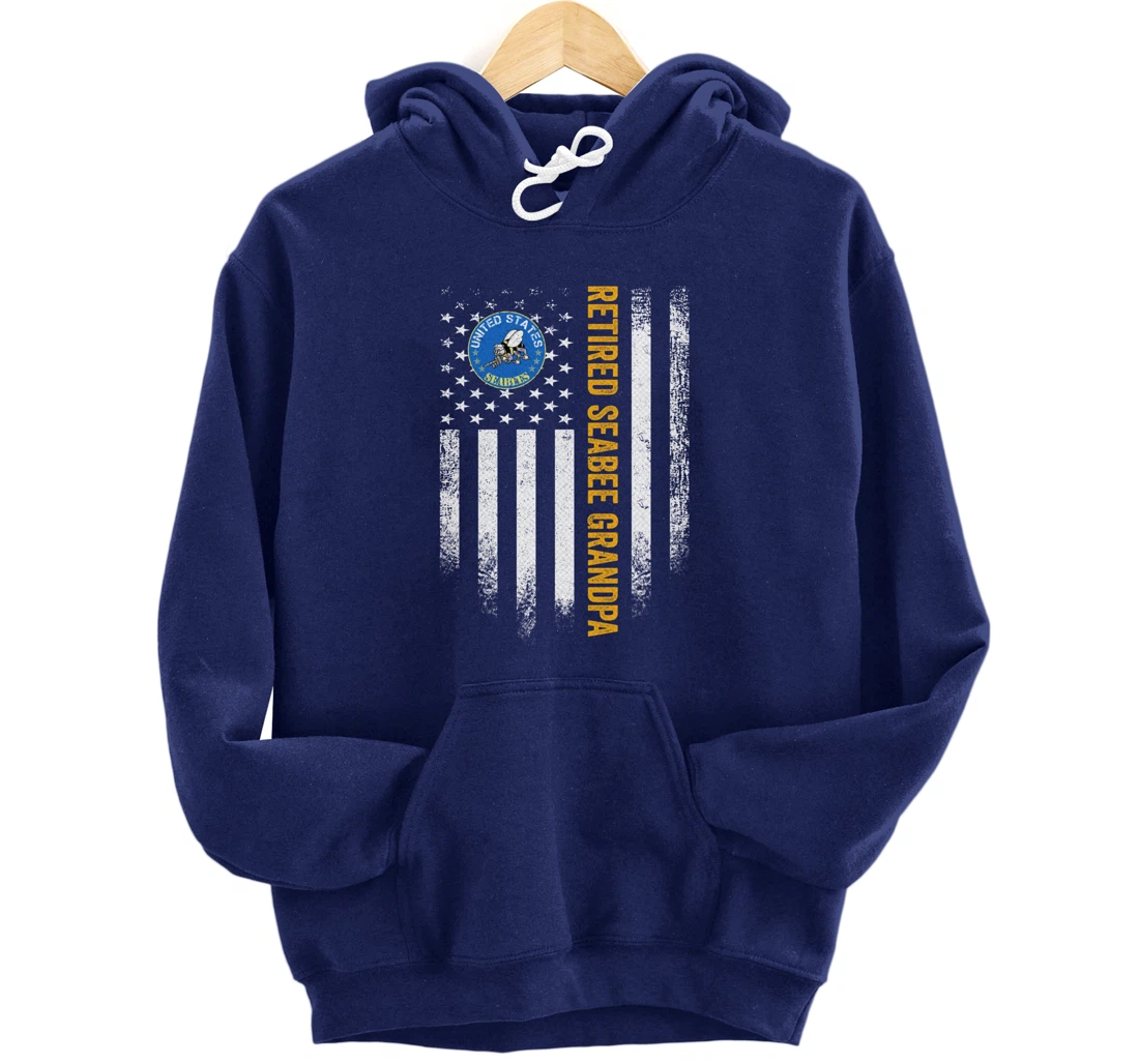 Vintage American Flag Retired US Navy Seabee Veteran Grandpa Pullover Hoodie