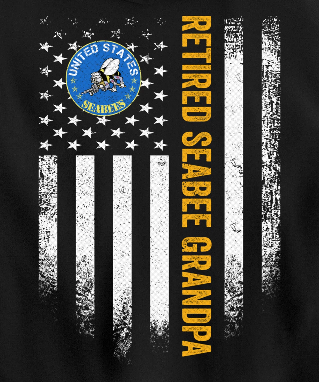 Vintage American Flag Retired US Navy Seabee Veteran Grandpa Pullover Hoodie