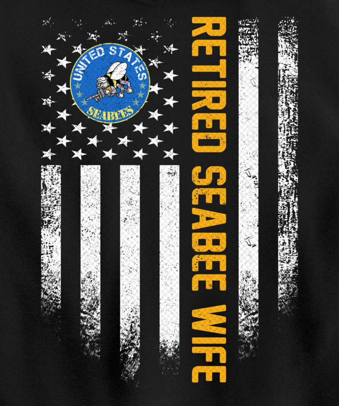 Vintage USA American Flag Retired Navy Seabee Veteran Wife Pullover Hoodie