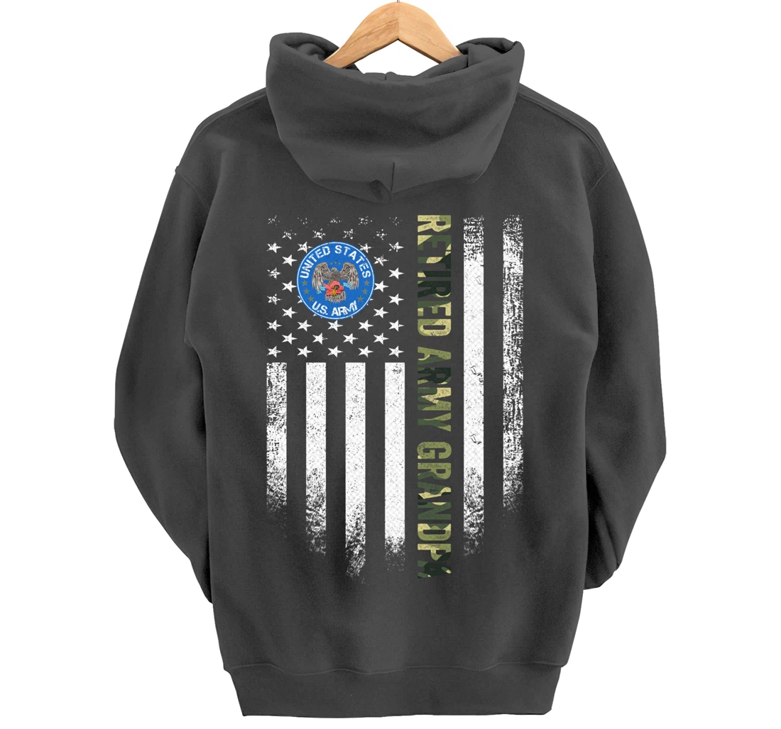 Vintage USA American Flag Retired US Army Veteran Grandpa Pullover Hoodie
