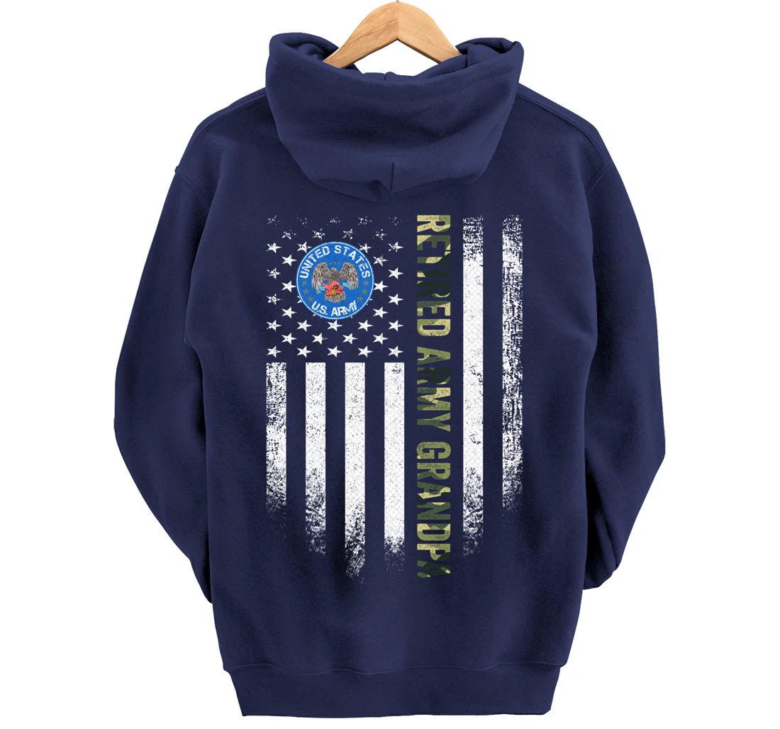 Vintage USA American Flag Retired US Army Veteran Grandpa Pullover Hoodie
