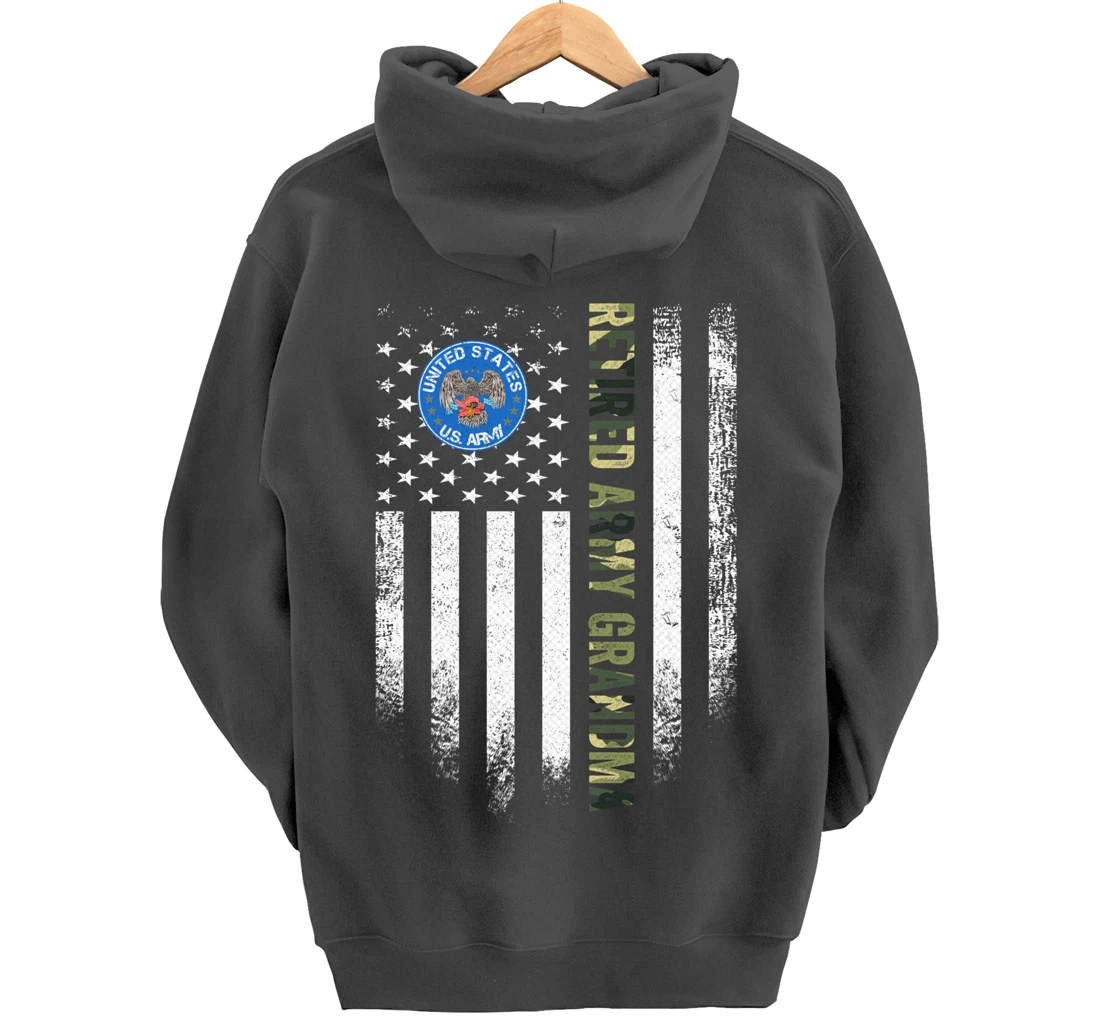 Vintage USA American Flag Retired US Army Veteran Grandma Pullover Hoodie
