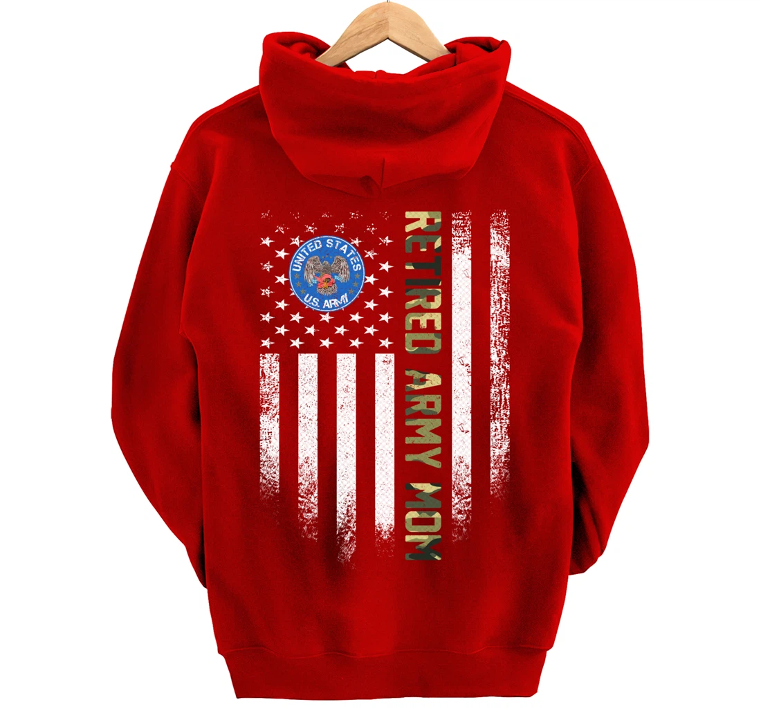 Vintage USA American Flag Retired US Army Veteran Mom Funny Pullover Hoodie