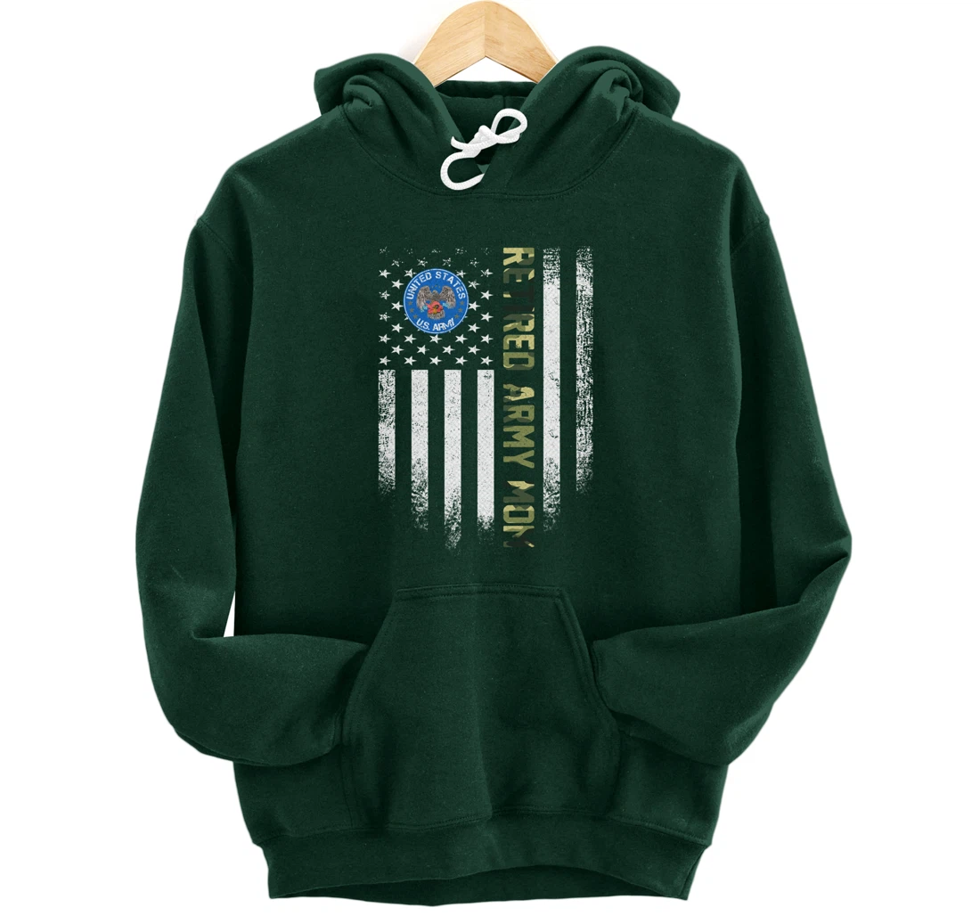 Vintage USA American Flag Retired US Army Veteran Mom Funny Pullover Hoodie