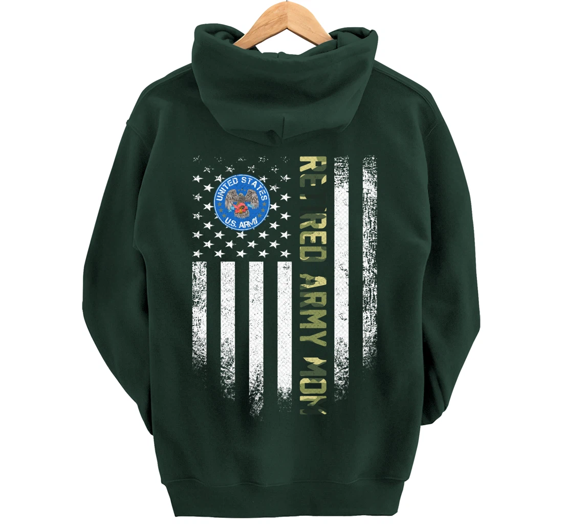 Vintage USA American Flag Retired US Army Veteran Mom Funny Pullover Hoodie