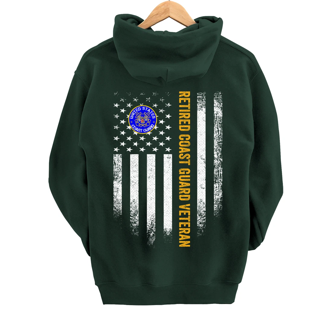 Vintage USA American Flag Retired US Coast Guard Veteran Pullover Hoodie
