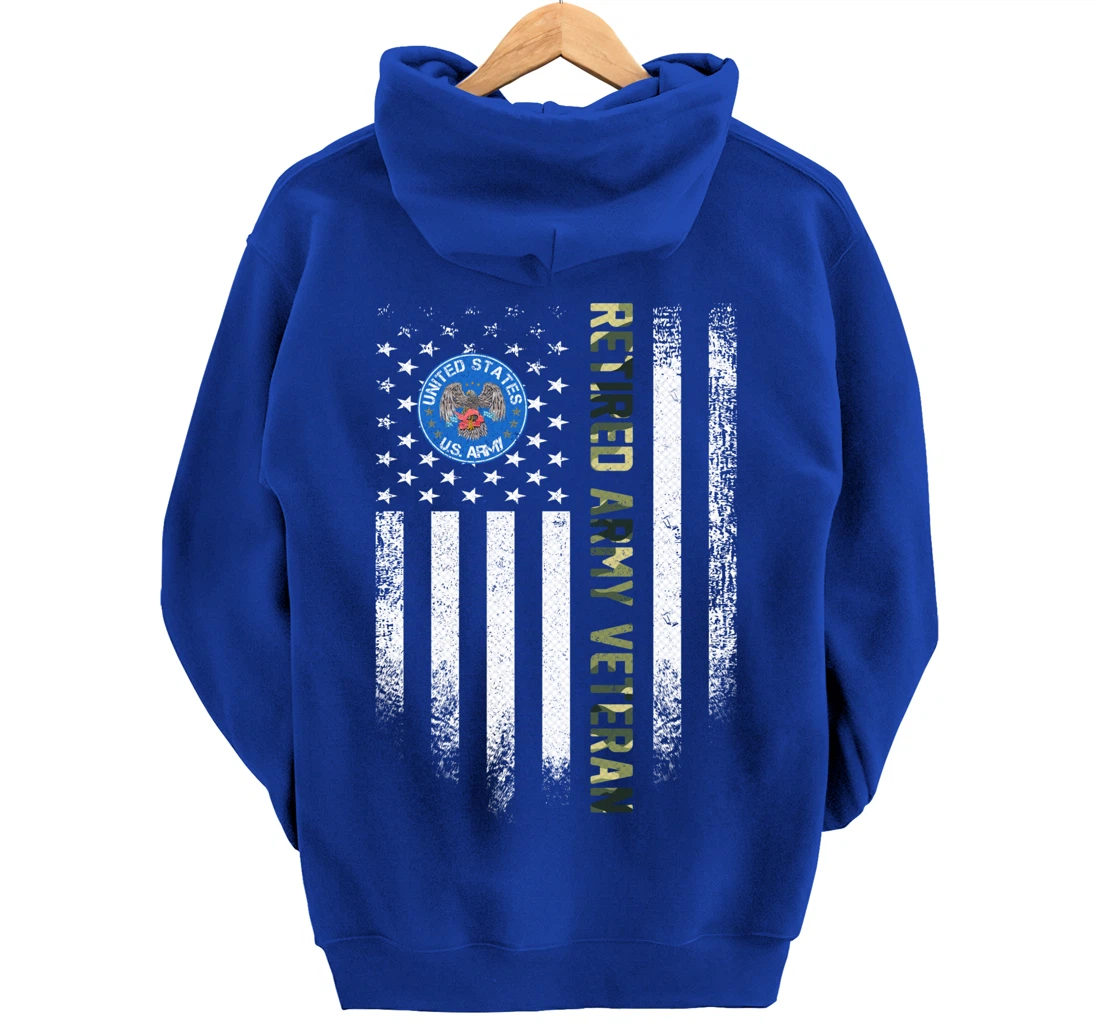 Vintage USA American Flag Proud Retired US Army Veteran Gift Pullover Hoodie