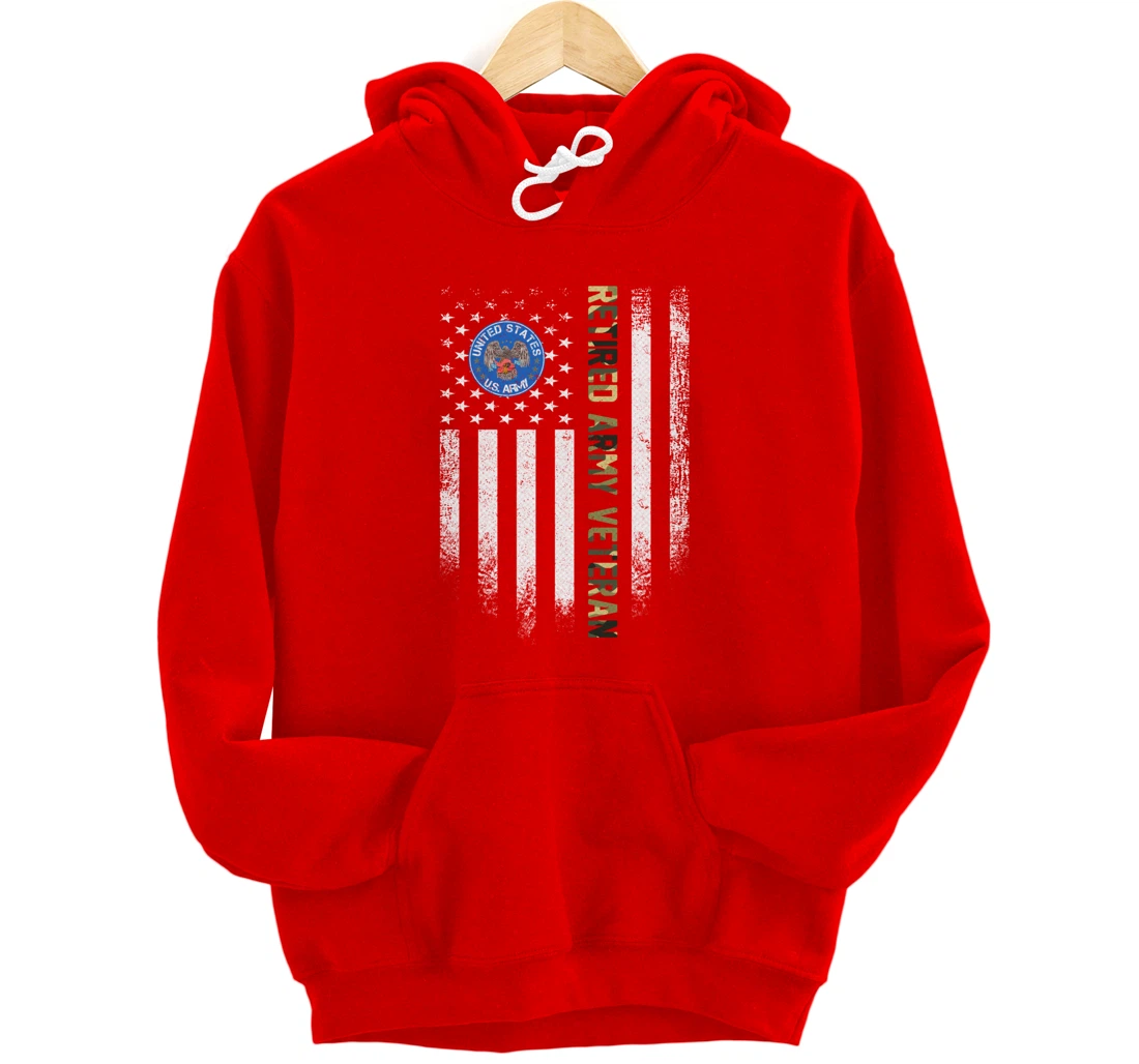 Vintage USA American Flag Proud Retired US Army Veteran Gift Pullover Hoodie