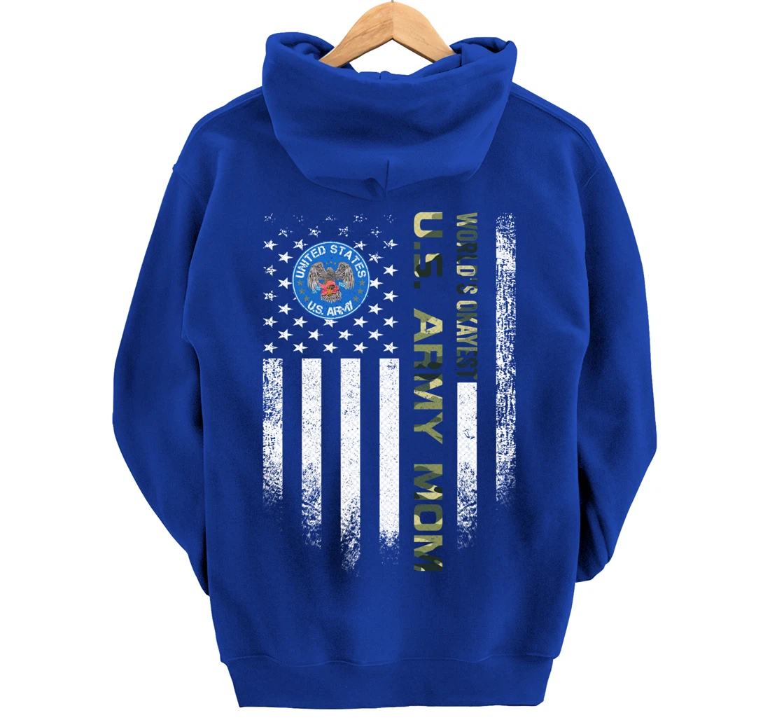 Vintage US American Flag World's Okayest US Army Veteran Mom Pullover Hoodie