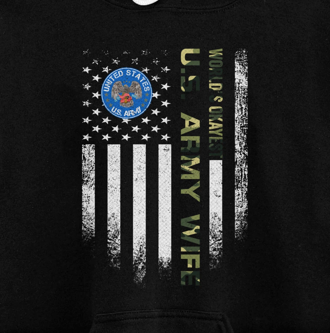 Vintage USA American Flag World's Okayest Army Veteran Wife Pullover Hoodie