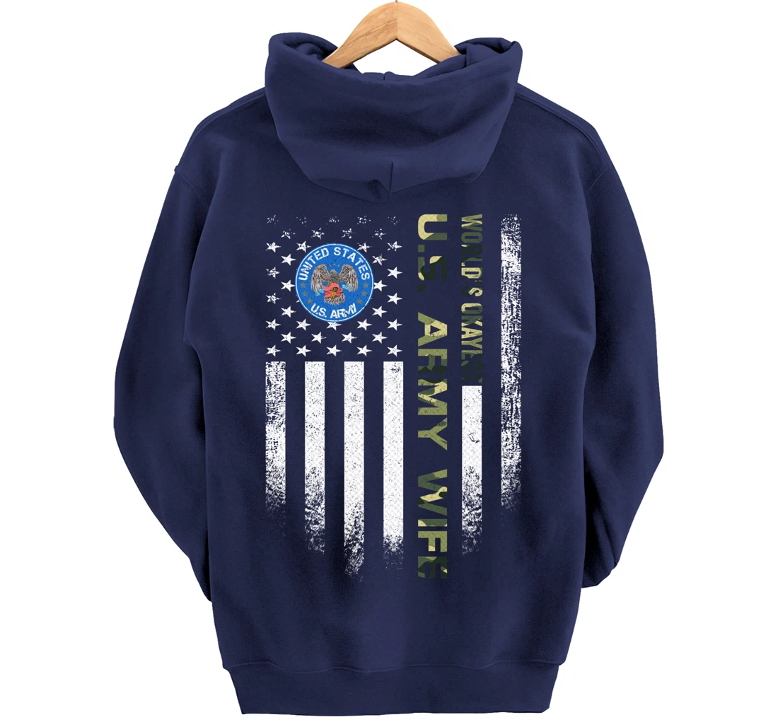 Vintage USA American Flag World's Okayest Army Veteran Wife Pullover Hoodie