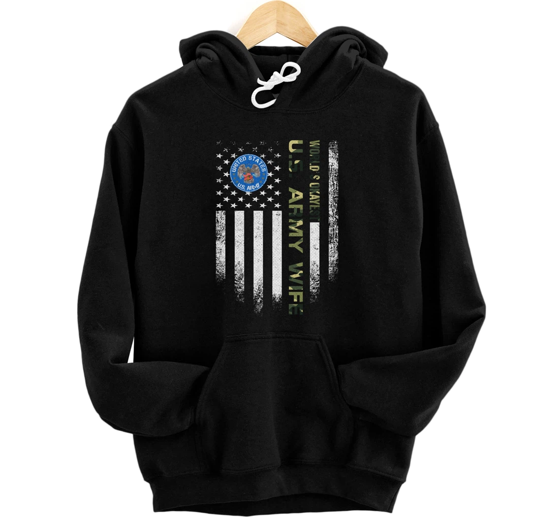 Vintage USA American Flag World's Okayest Army Veteran Wife Pullover Hoodie