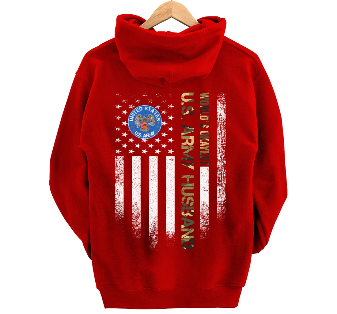 Vintage American Flag World's Okayest Army Veteran Husband Pullover Hoodie