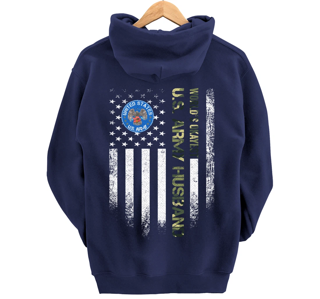 Vintage American Flag World's Okayest Army Veteran Husband Pullover Hoodie
