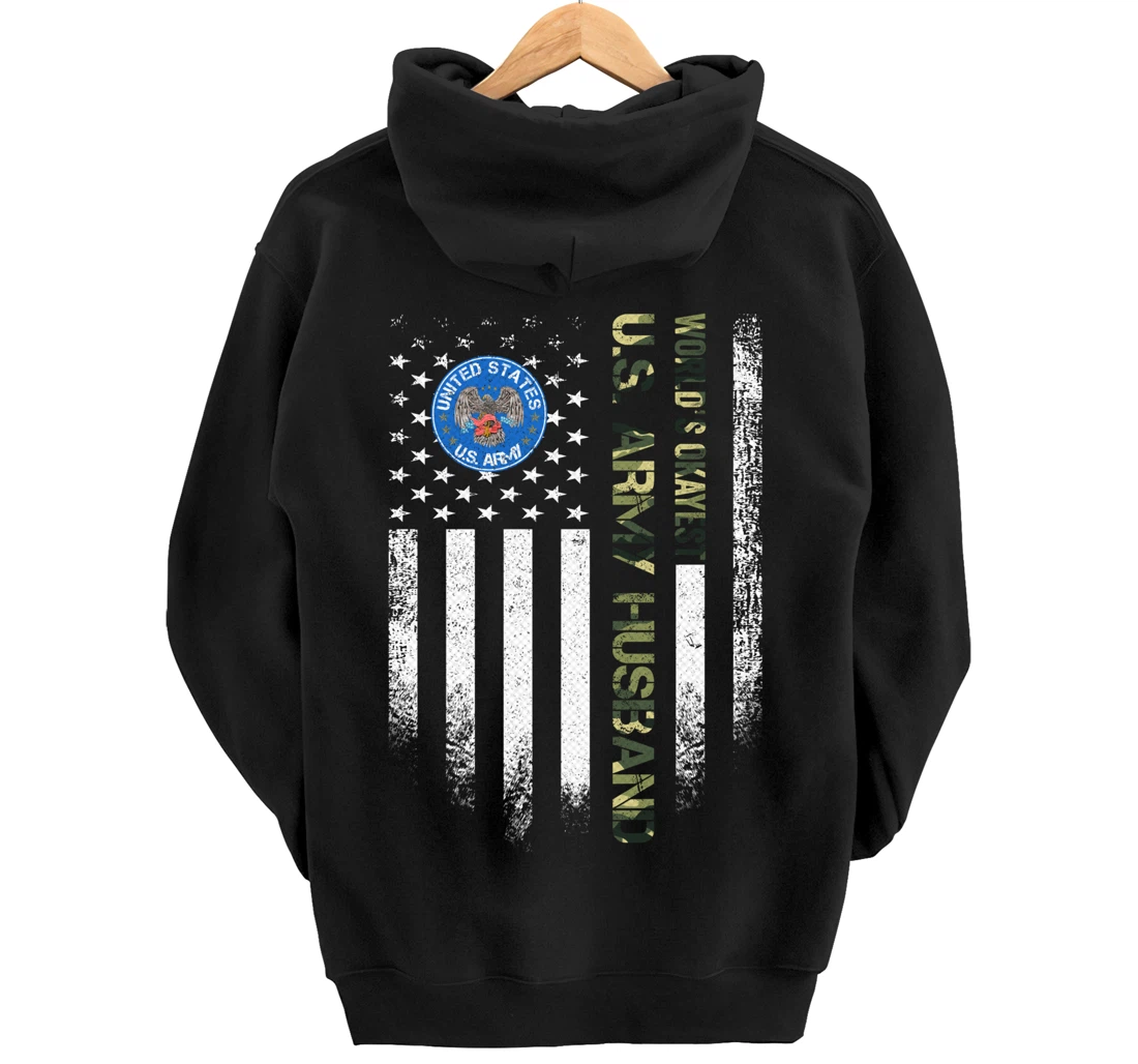 Vintage American Flag World's Okayest Army Veteran Husband Pullover Hoodie