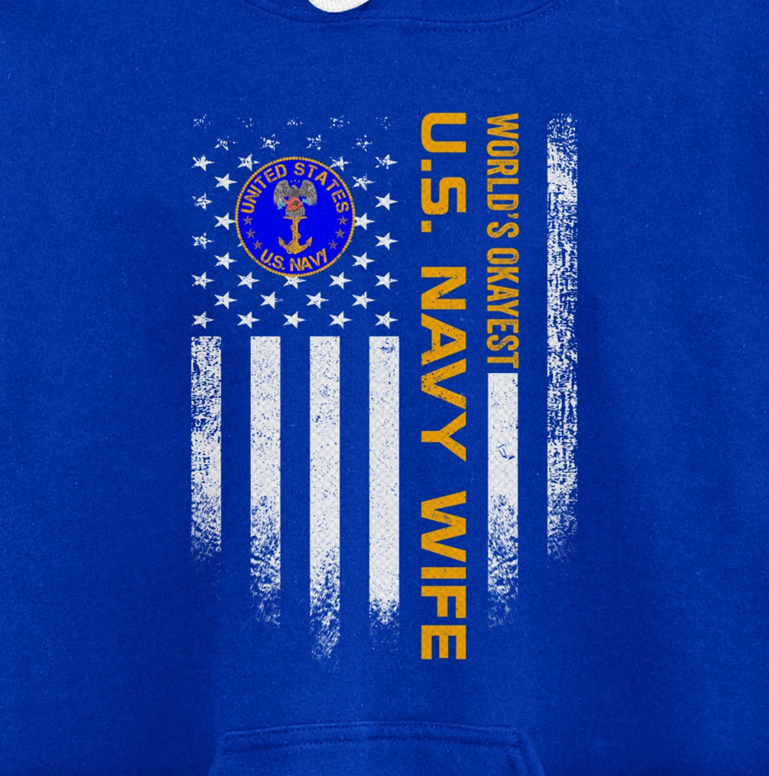 Vintage USA American Flag World's Okayest Navy Veteran Wife Pullover Hoodie