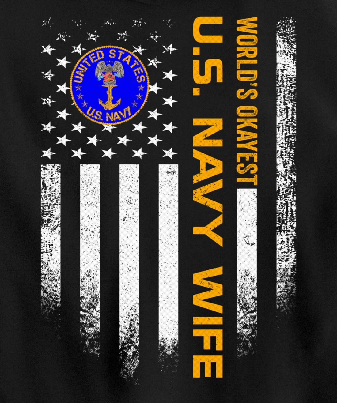 Vintage USA American Flag World's Okayest Navy Veteran Wife Pullover Hoodie