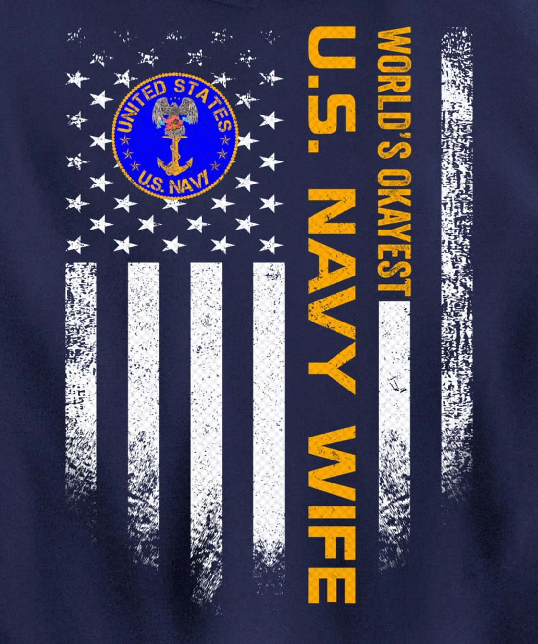 Vintage USA American Flag World's Okayest Navy Veteran Wife Pullover Hoodie