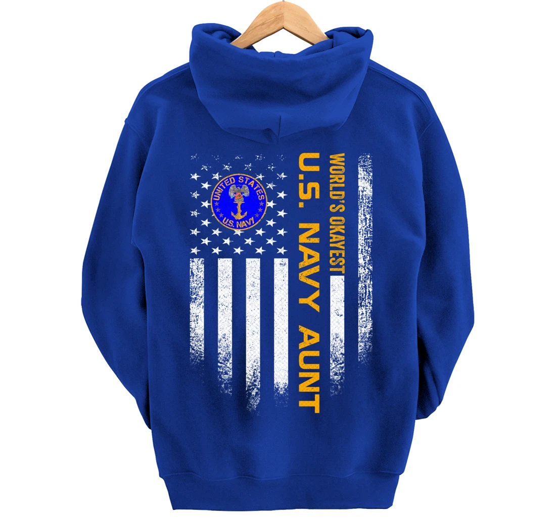 Vintage USA American Flag World's Okayest Navy Veteran Aunt Pullover Hoodie