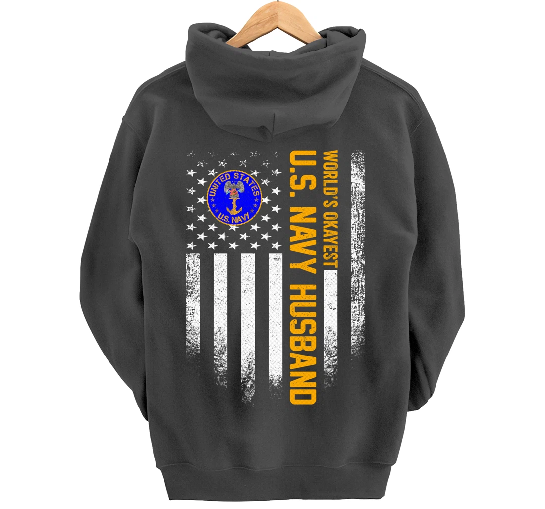 Vintage American Flag World's Okayest Navy Veteran Husband Pullover Hoodie