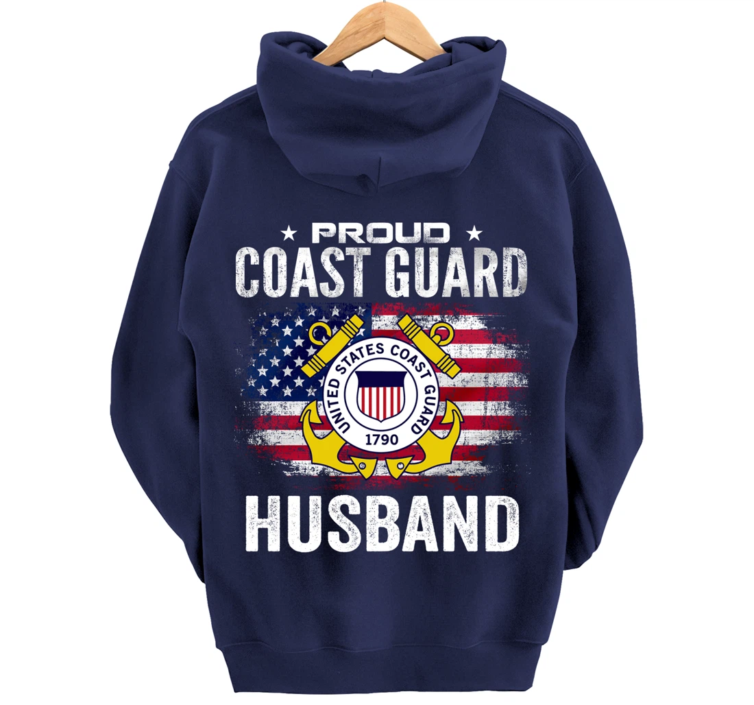 Proud Coast Guard Husband With American Flag Gift Veteran Pullover Hoodie