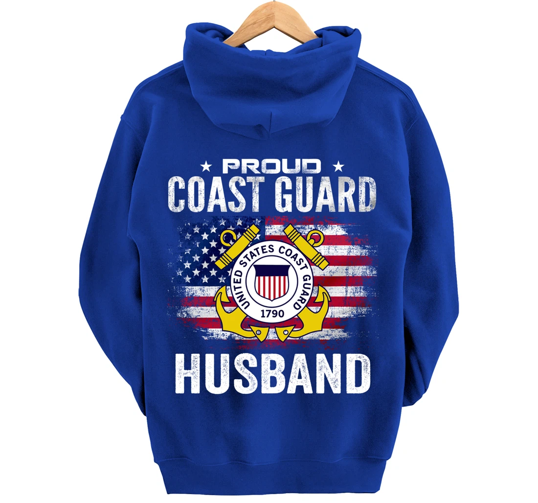 Proud Coast Guard Husband With American Flag Gift Veteran Pullover Hoodie
