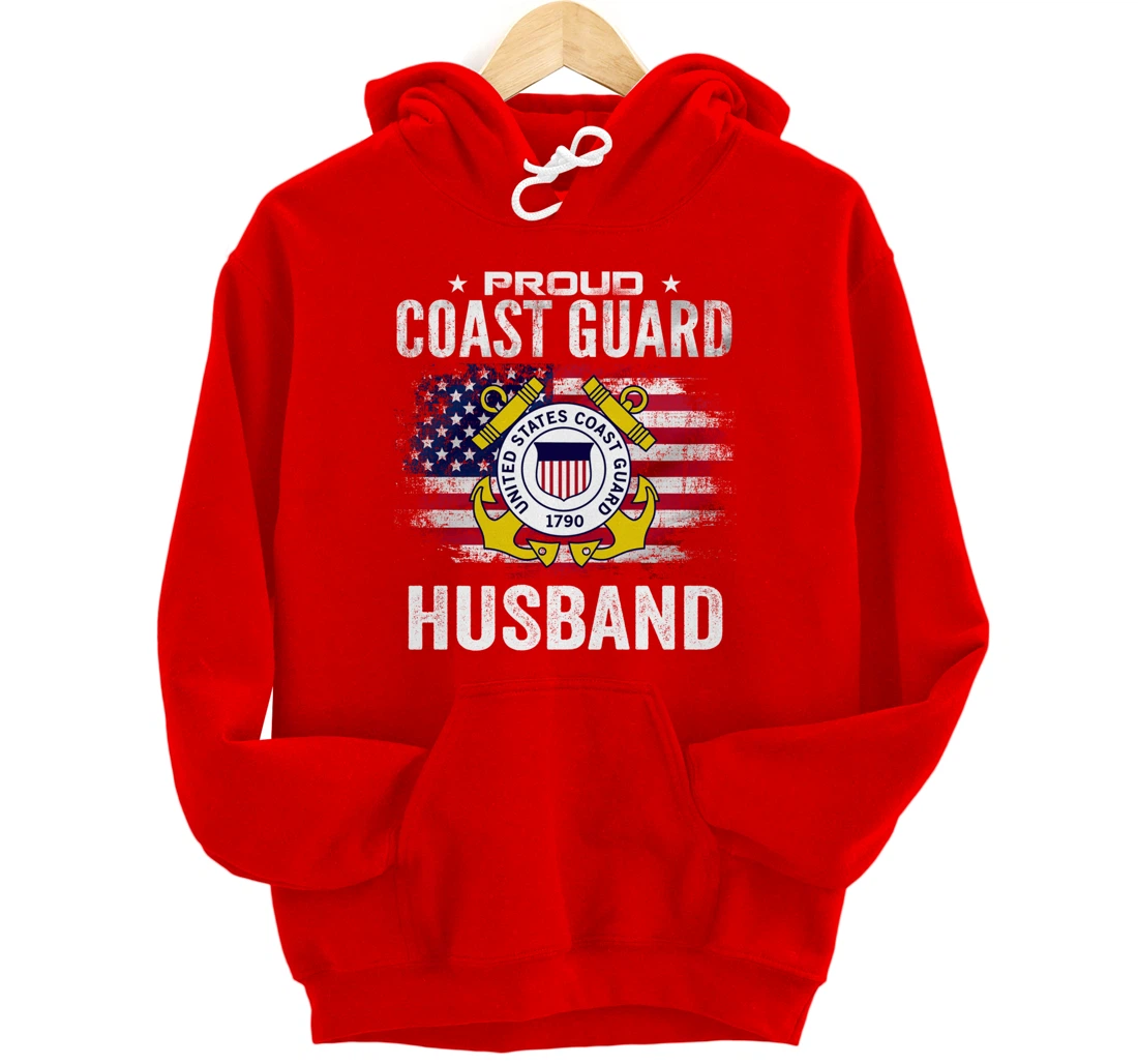 Proud Coast Guard Husband With American Flag Gift Veteran Pullover Hoodie