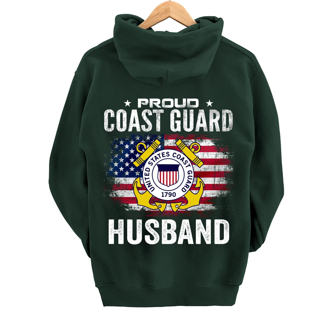 Proud Coast Guard Husband With American Flag Gift Veteran Pullover Hoodie