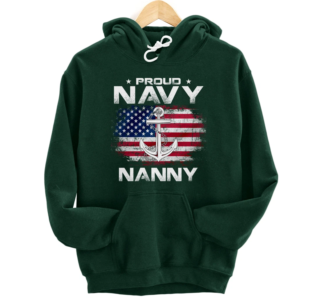 Vintage Proud Navy Nanny With American Flag Gift Veteran Pullover Hoodie