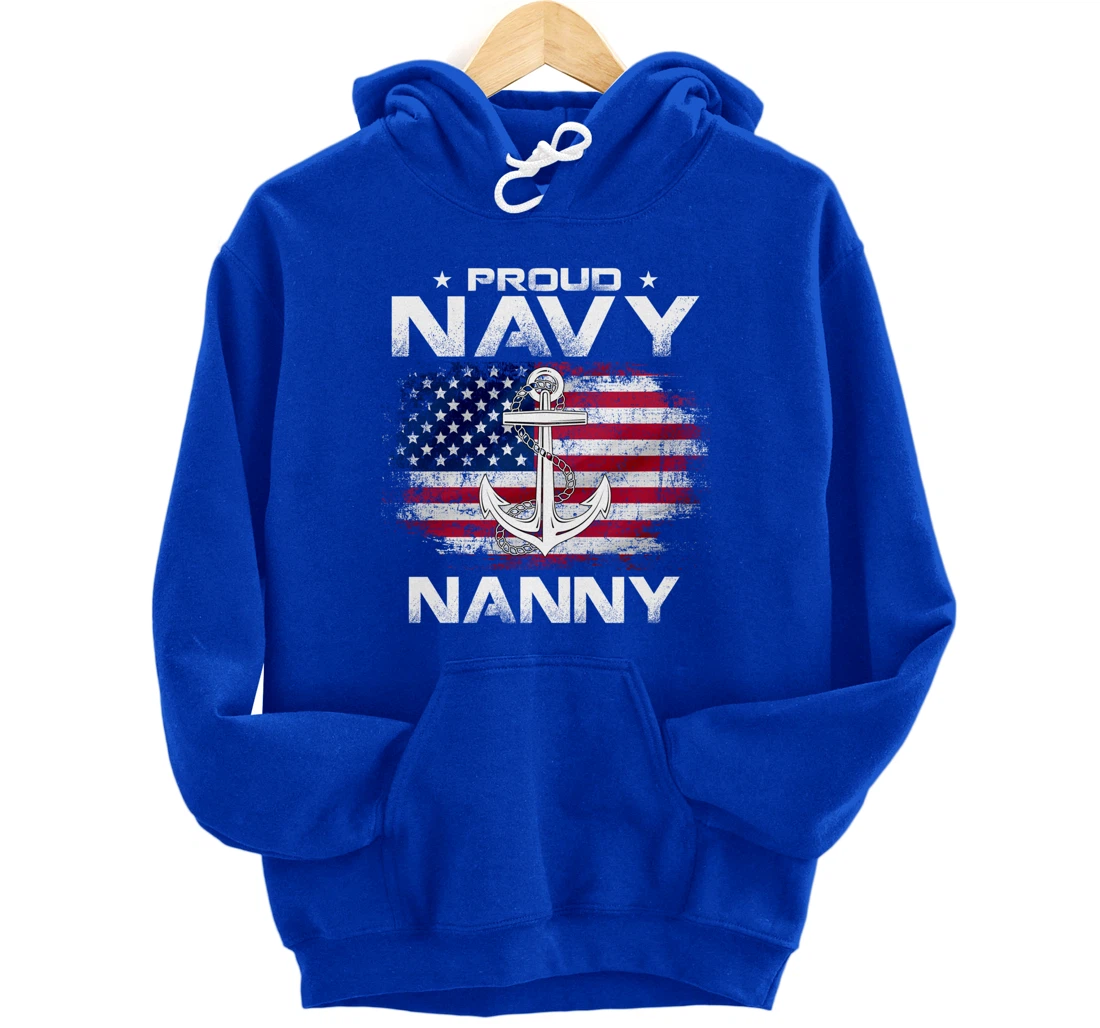 Vintage Proud Navy Nanny With American Flag Gift Veteran Pullover Hoodie