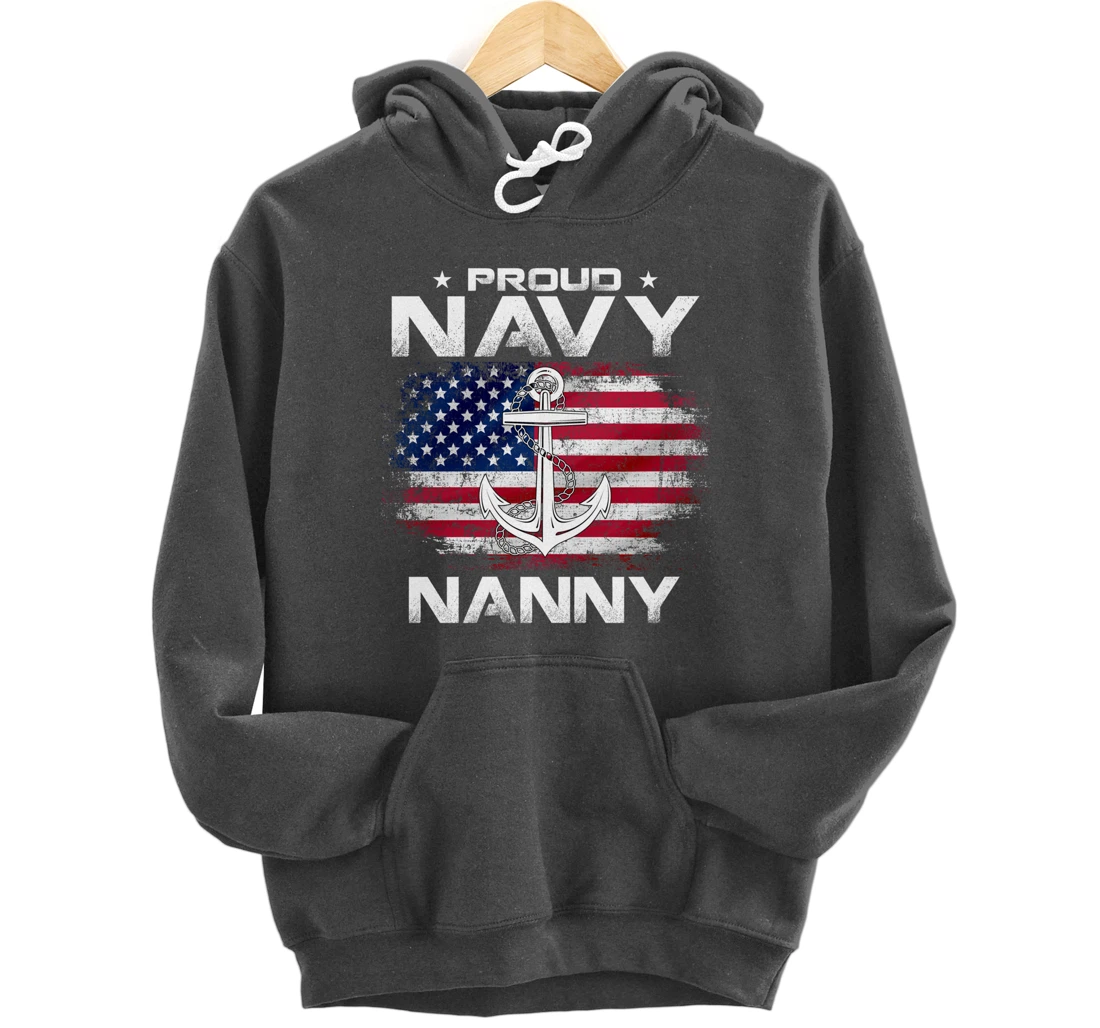 Vintage Proud Navy Nanny With American Flag Gift Veteran Pullover Hoodie