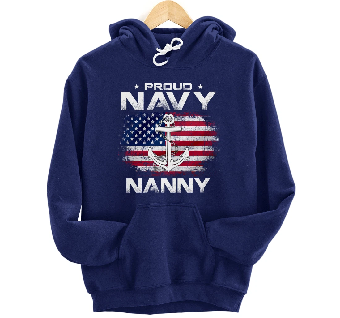 Vintage Proud Navy Nanny With American Flag Gift Veteran Pullover Hoodie