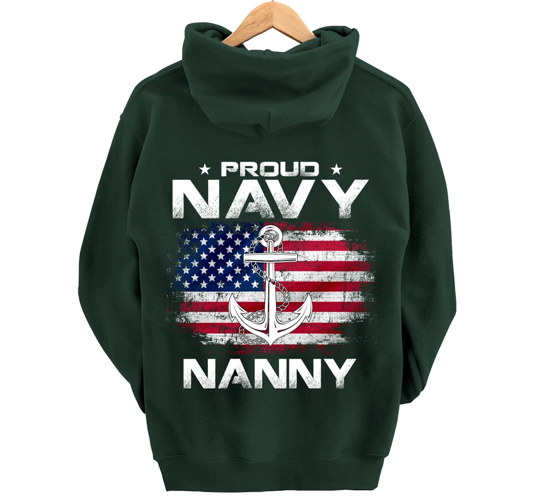 Vintage Proud Navy Nanny With American Flag Gift Veteran Pullover Hoodie