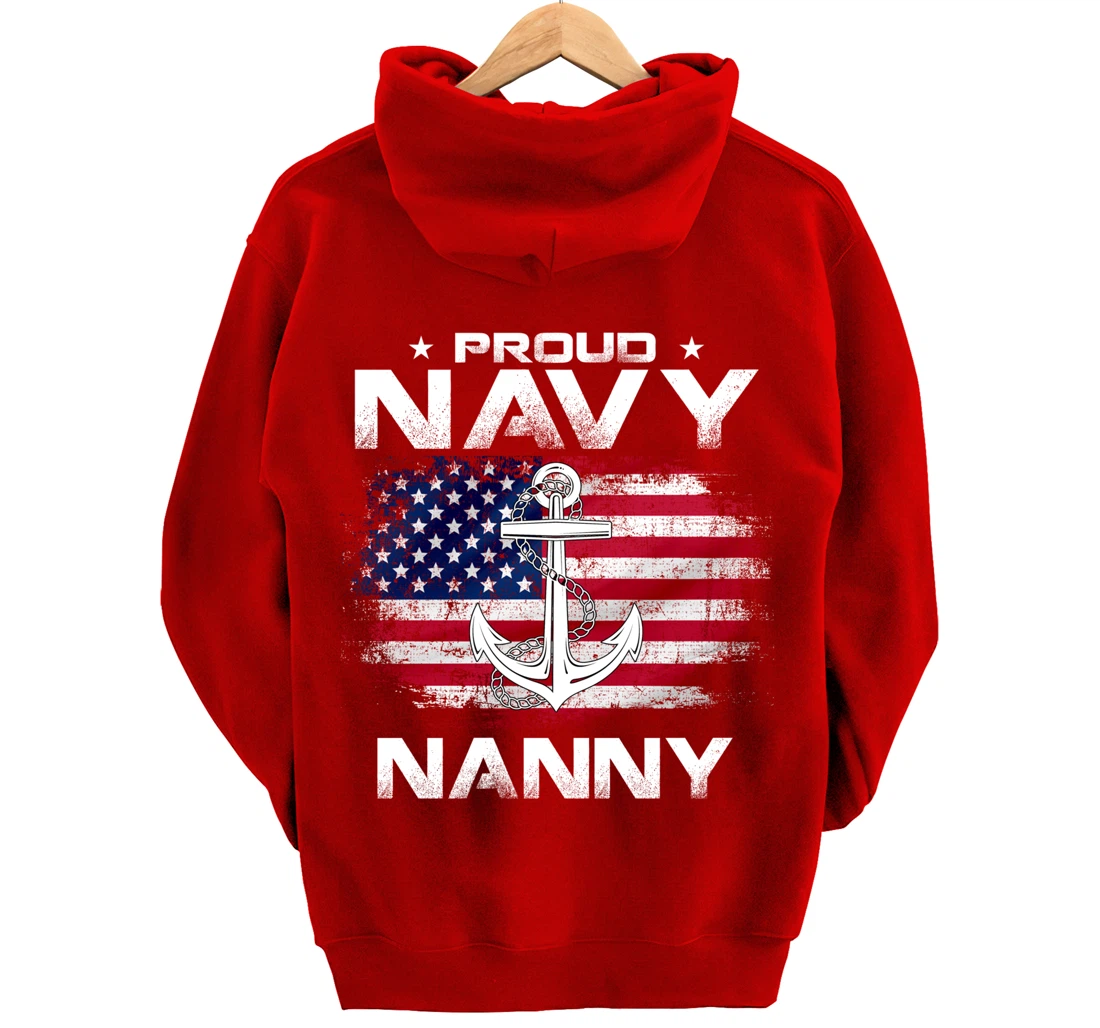 Vintage Proud Navy Nanny With American Flag Gift Veteran Pullover Hoodie