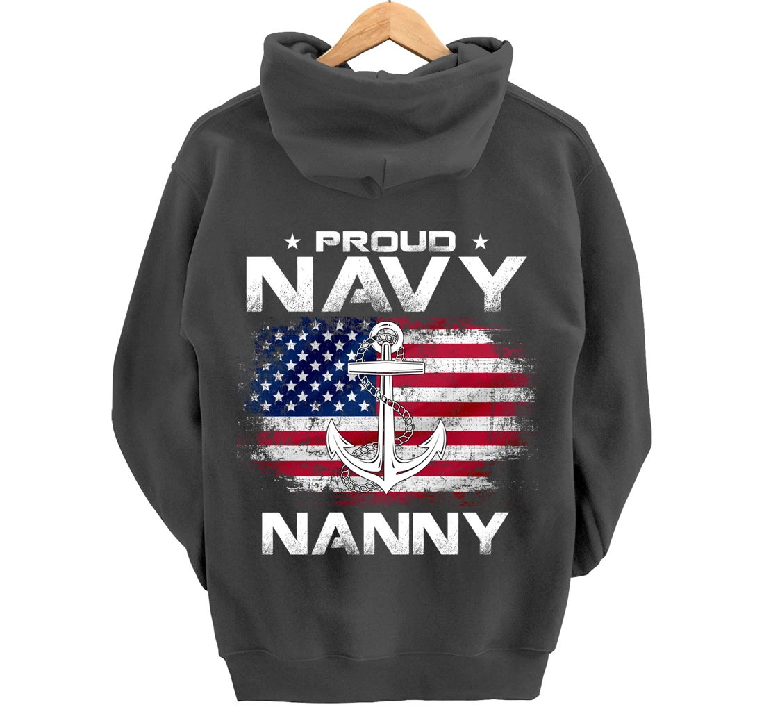 Vintage Proud Navy Nanny With American Flag Gift Veteran Pullover Hoodie