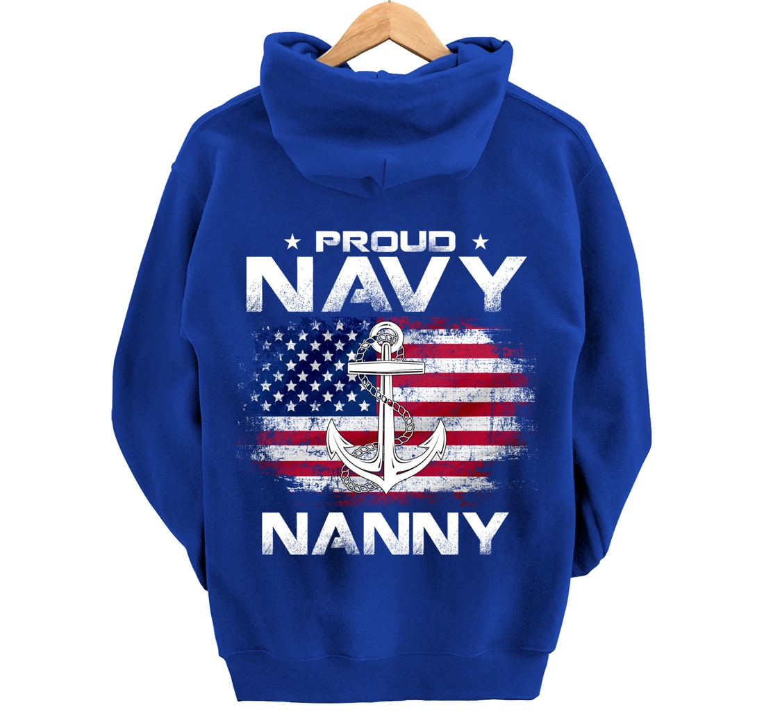 Vintage Proud Navy Nanny With American Flag Gift Veteran Pullover Hoodie