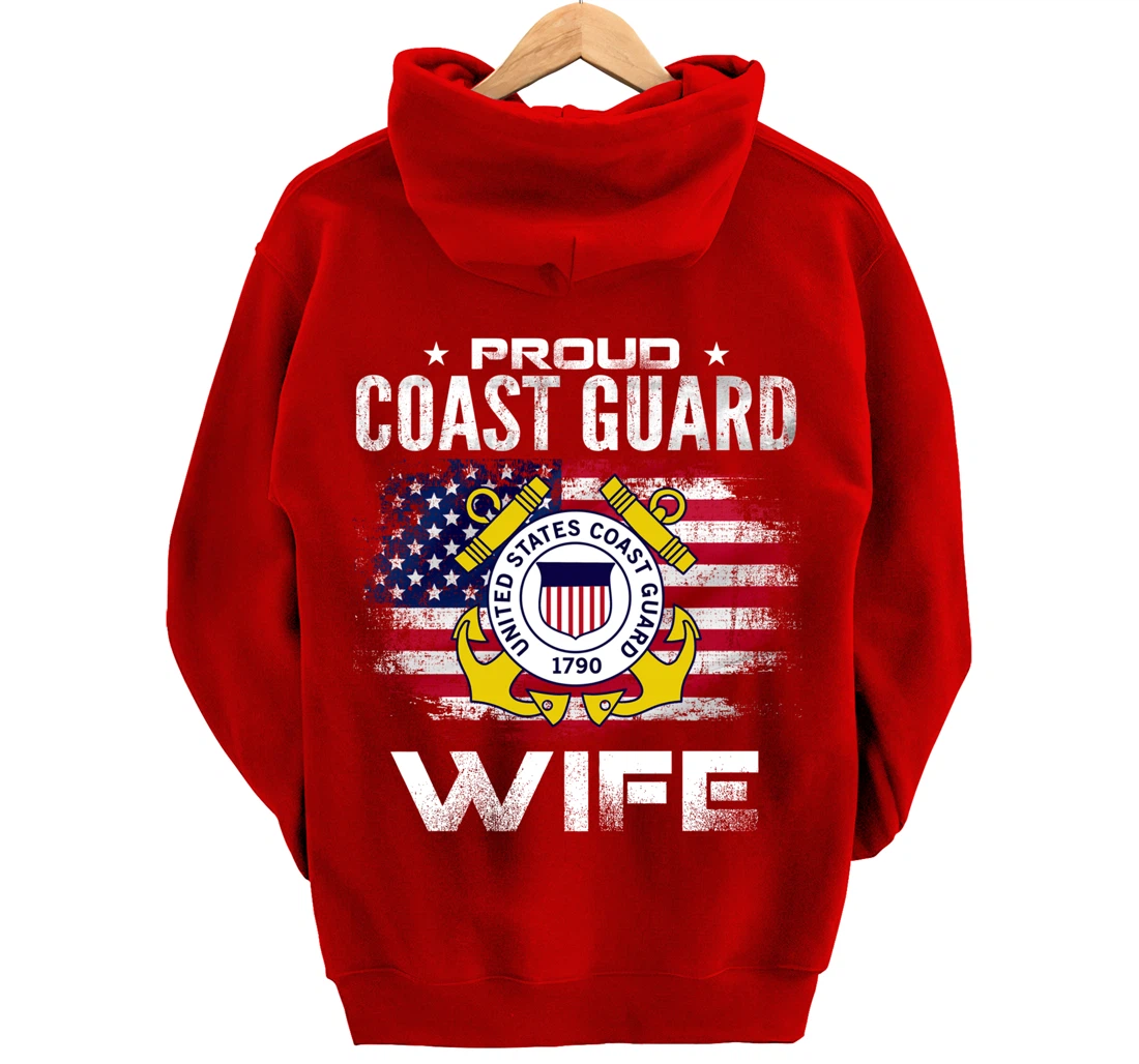 Proud Coast Guard Wife With American Flag Gift Veteran Pullover Hoodie