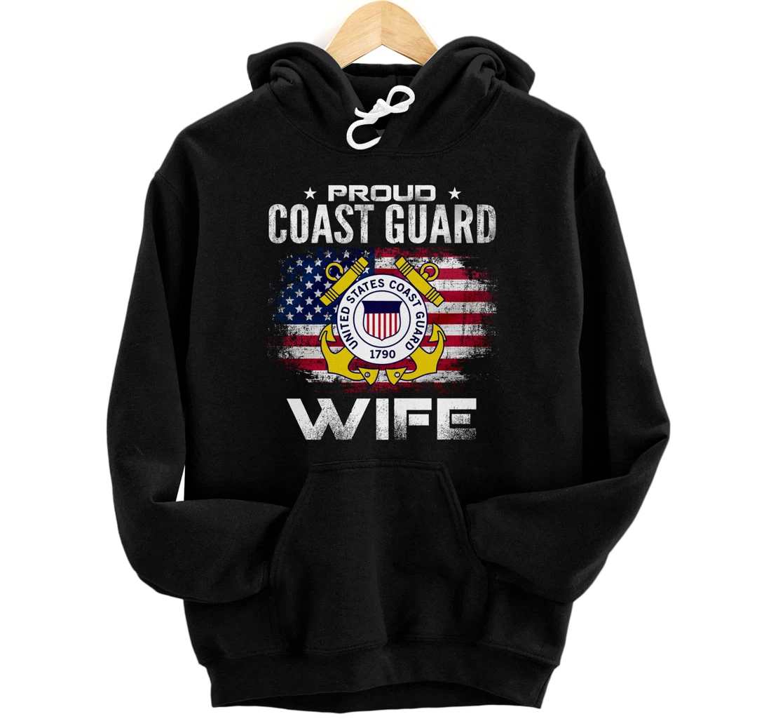 Proud Coast Guard Wife With American Flag Gift Veteran Pullover Hoodie