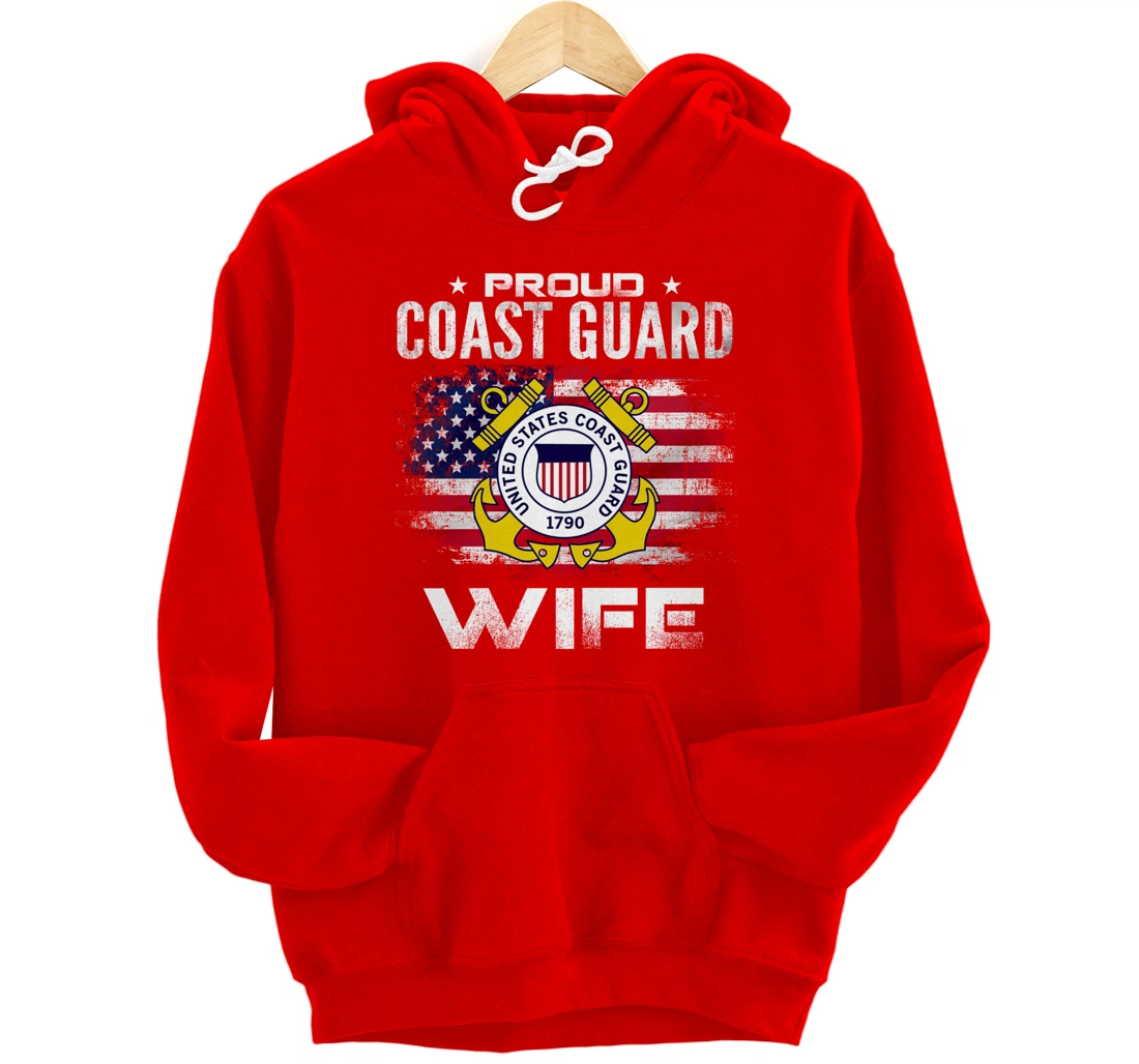 Proud Coast Guard Wife With American Flag Gift Veteran Pullover Hoodie