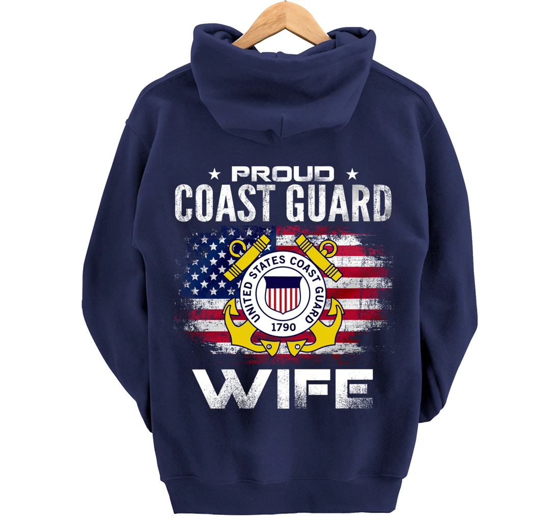 Proud Coast Guard Wife With American Flag Gift Veteran Pullover Hoodie
