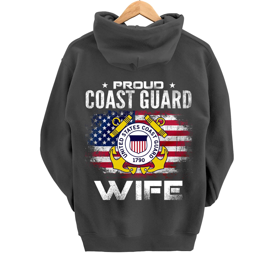 Proud Coast Guard Wife With American Flag Gift Veteran Pullover Hoodie