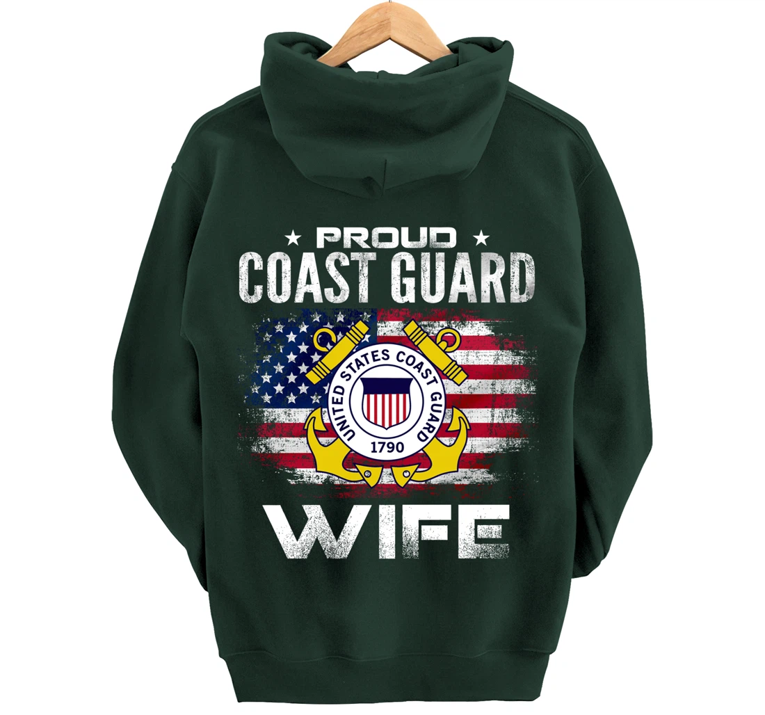 Proud Coast Guard Wife With American Flag Gift Veteran Pullover Hoodie